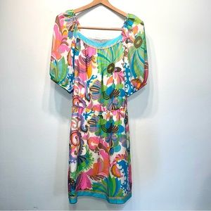 Trina Turk 100% Silk Floral Paisley Lined Elastic Waist Dress Short Sleeve Sz 2
